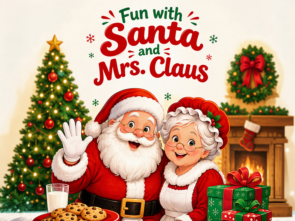 Cartoon Santa and Mrs. Claus smiling beside Christmas tree, fireplace, cookies, milk, and gifts. Text: Fun with Santa and Mrs. Claus.